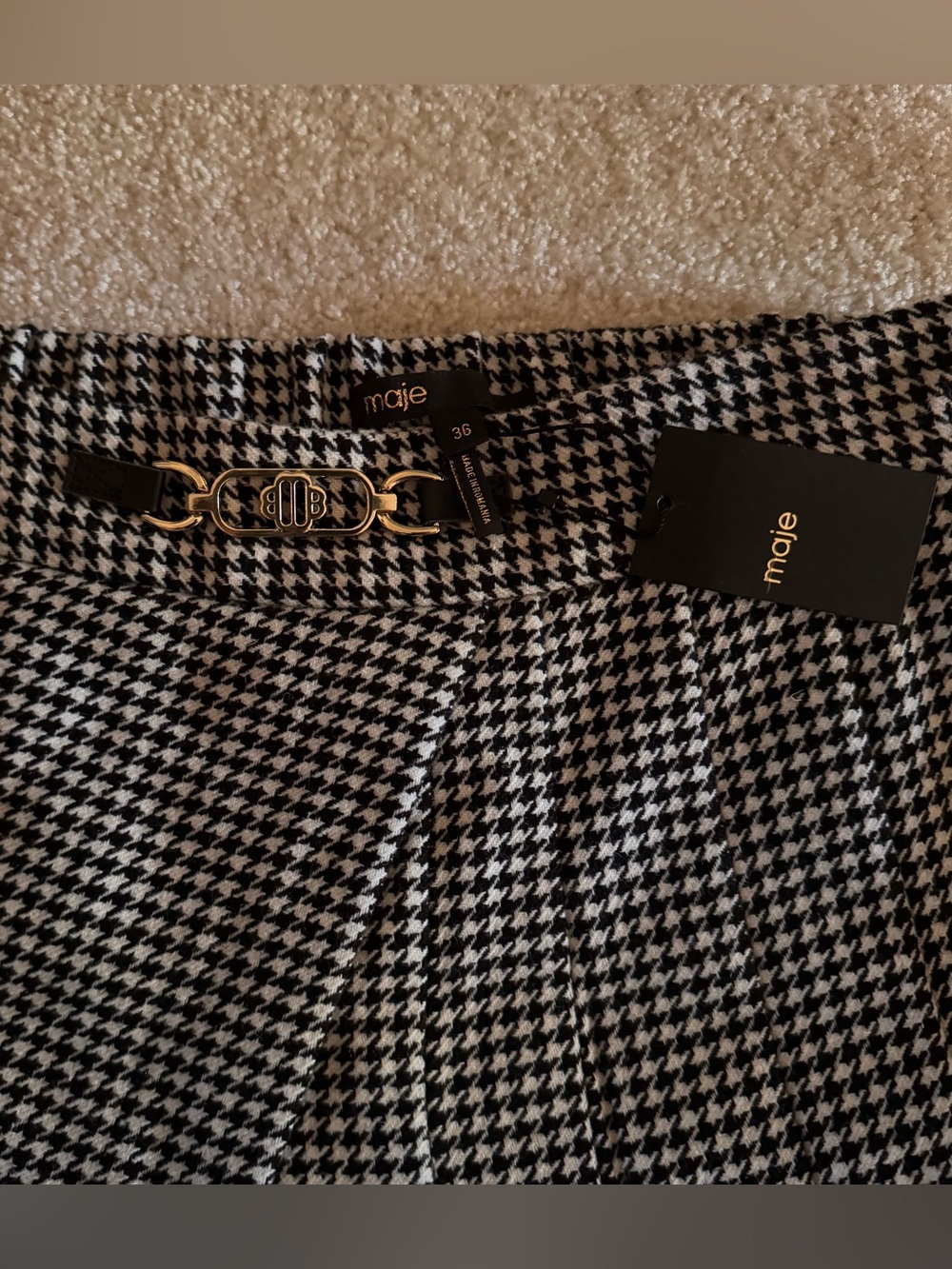 Maje Black and White Houndstooth Pleated Skort with Chain Detail - Picture 7 of 12